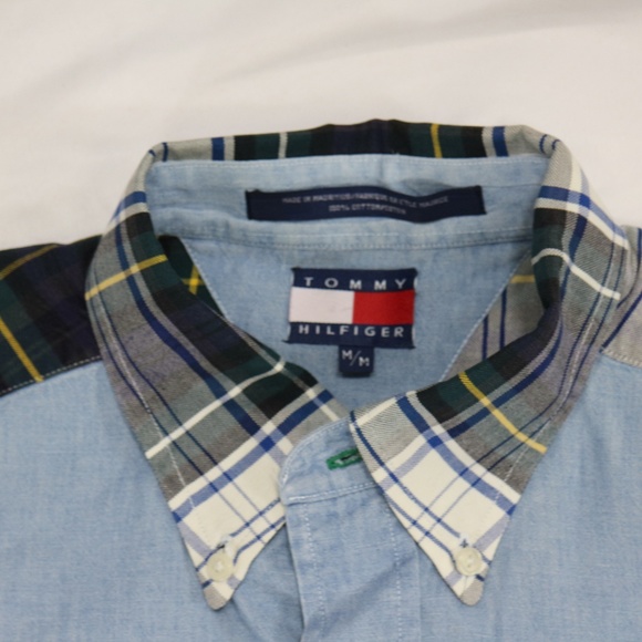 VTG 90s TOMMY HILFIGER Denim Shirt w/ Plaid - Picture 4 of 8